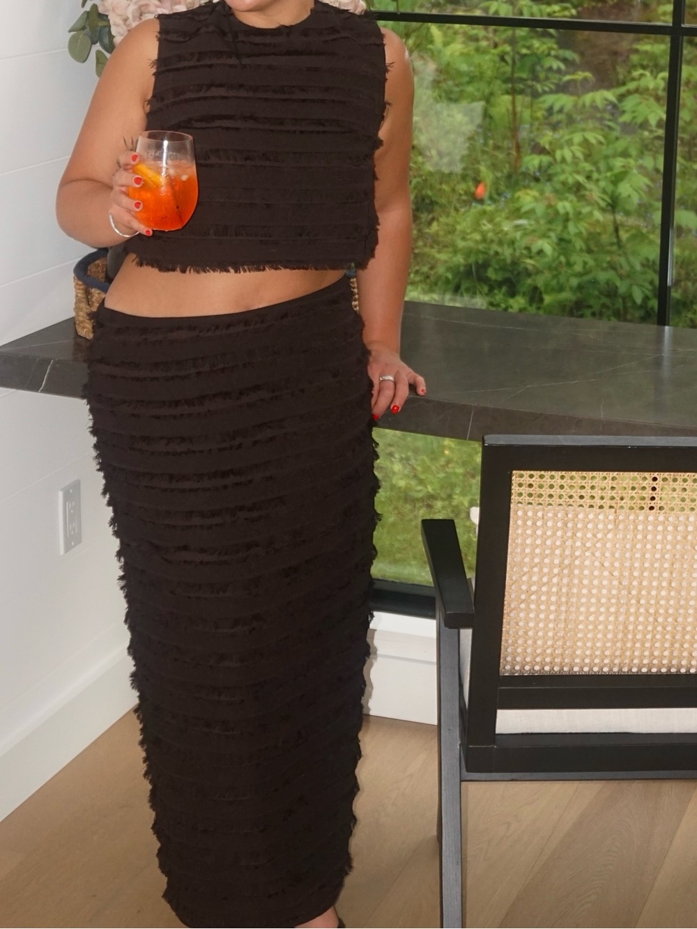 H&M Black Fringed Crop Top and Midi Skirt Set